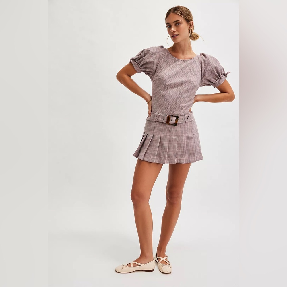 NEW Free People Sevi Plaid Preppy Pleated Mini Dress Grey Pink Belted Sz M